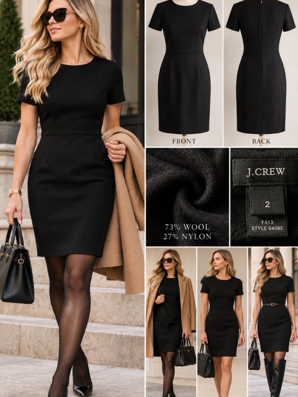 J.Crew Black 73% Wool Blend Sheath Dress Size 2 Short Sleeve Career Workwear
